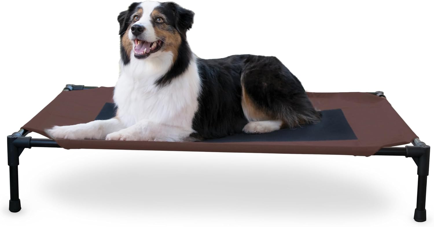 Outdoor elevated dog bed - cooling raised dog bed for medium & large pets, breathable mesh center hammock design, indoor/outdoor washable cover, portable metal frame, chocolate, large 42x30in