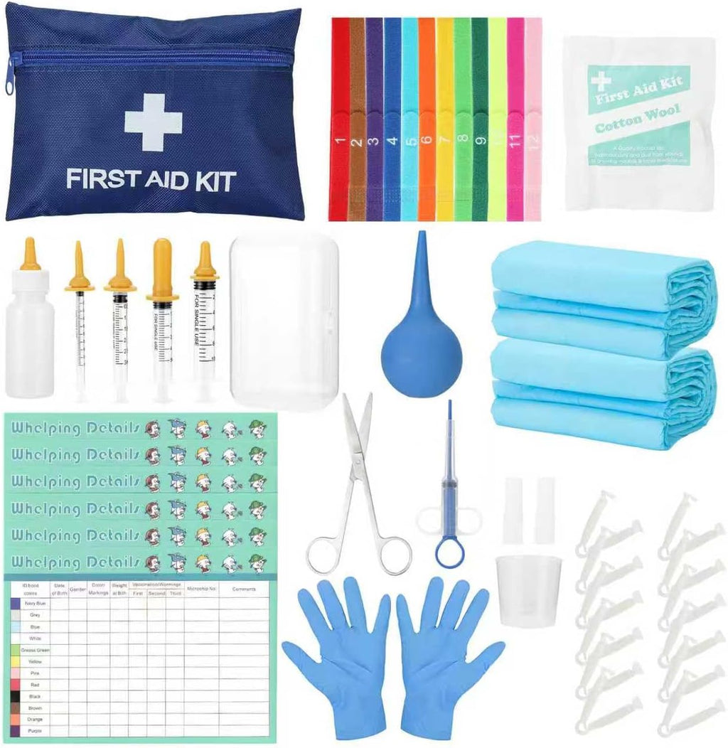 48-Piece Puppy Whelping Kit – Complete Whelping Supplies for Safe Puppy Birth, Includes Feeding Tubes, Collars, Cord Clamps, Urine Pads, Gloves & More – Essential Puppy Birthing Kit for Breeders