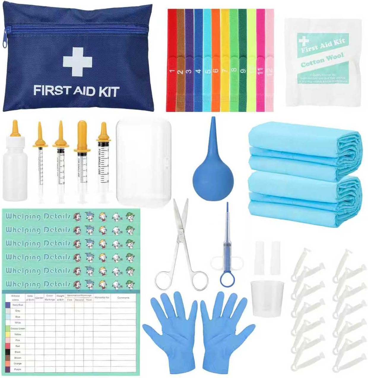 48-Piece Puppy Whelping Kit – Complete Whelping Supplies for Safe Puppy Birth, Includes Feeding Tubes, Collars, Cord Clamps, Urine Pads, Gloves & More – Essential Puppy Birthing Kit for Breeders