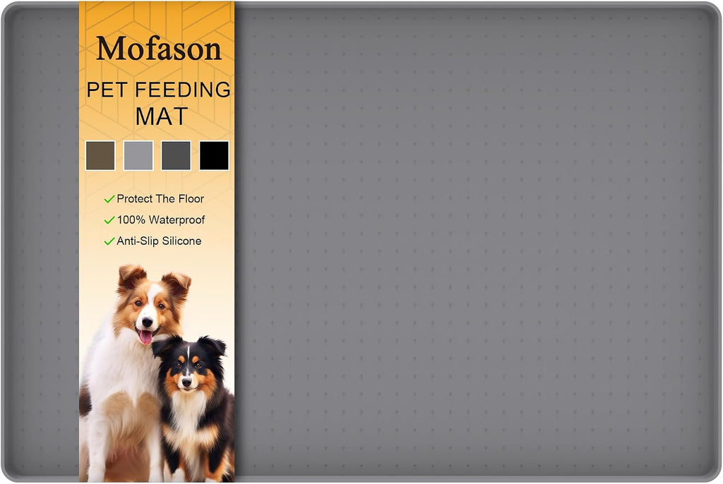 Silicone pet Food mats for Floor Waterproof Water Tray for pet Bowl | Grey 24" x 16" xl pet food mat 0.5” inch raised edge, cat food mats for indoor, pet feeding mat water bowl tray for floors
