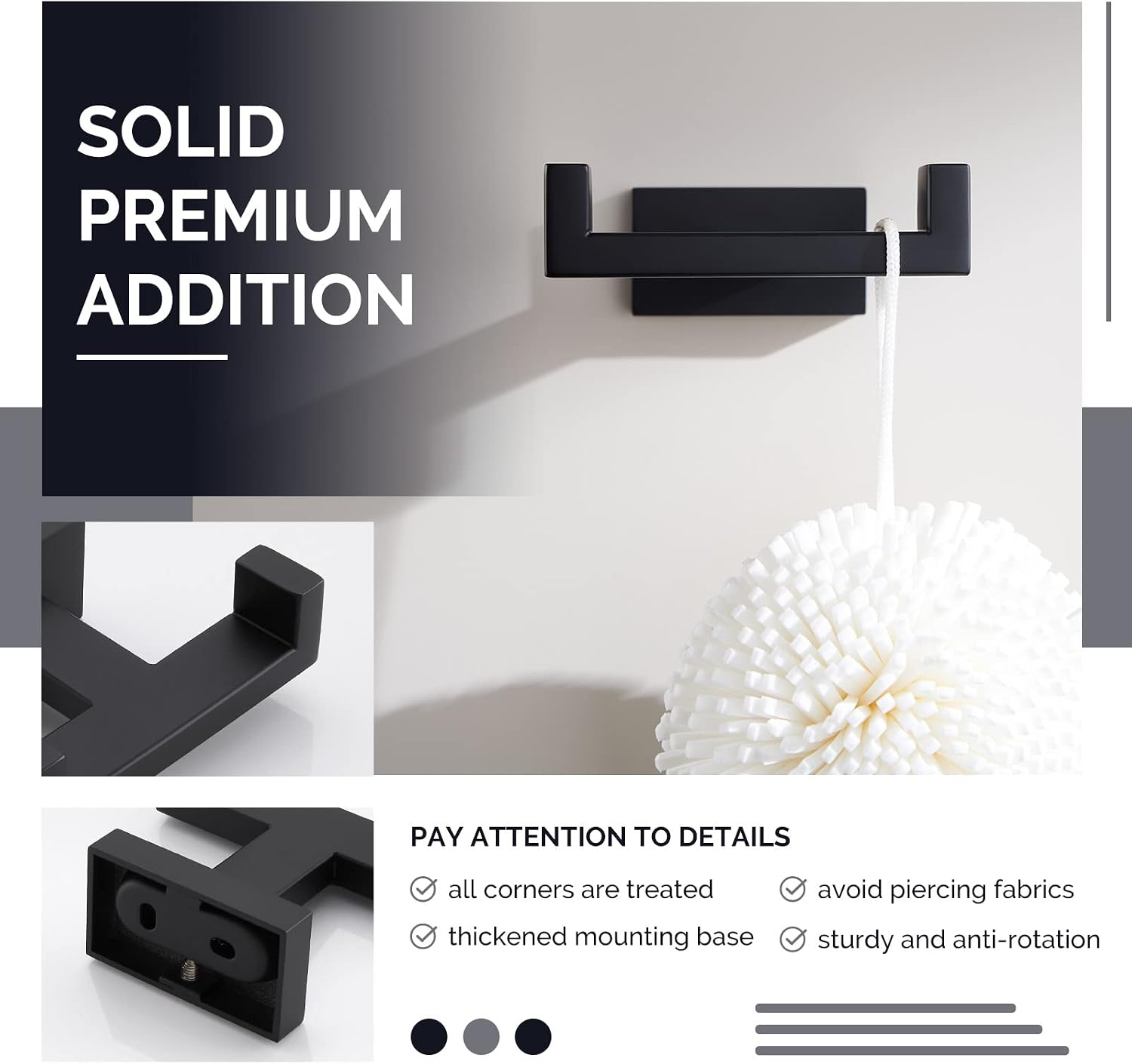 Angle Simple Double Towel Hook Matte Black, Bathroom Coat Robe Holder | SUS304 Stainless Steel Wall Hook, Bath Towel Holder Organizer for Robes Bags Loofahs, Screw Wall Mount - view 4