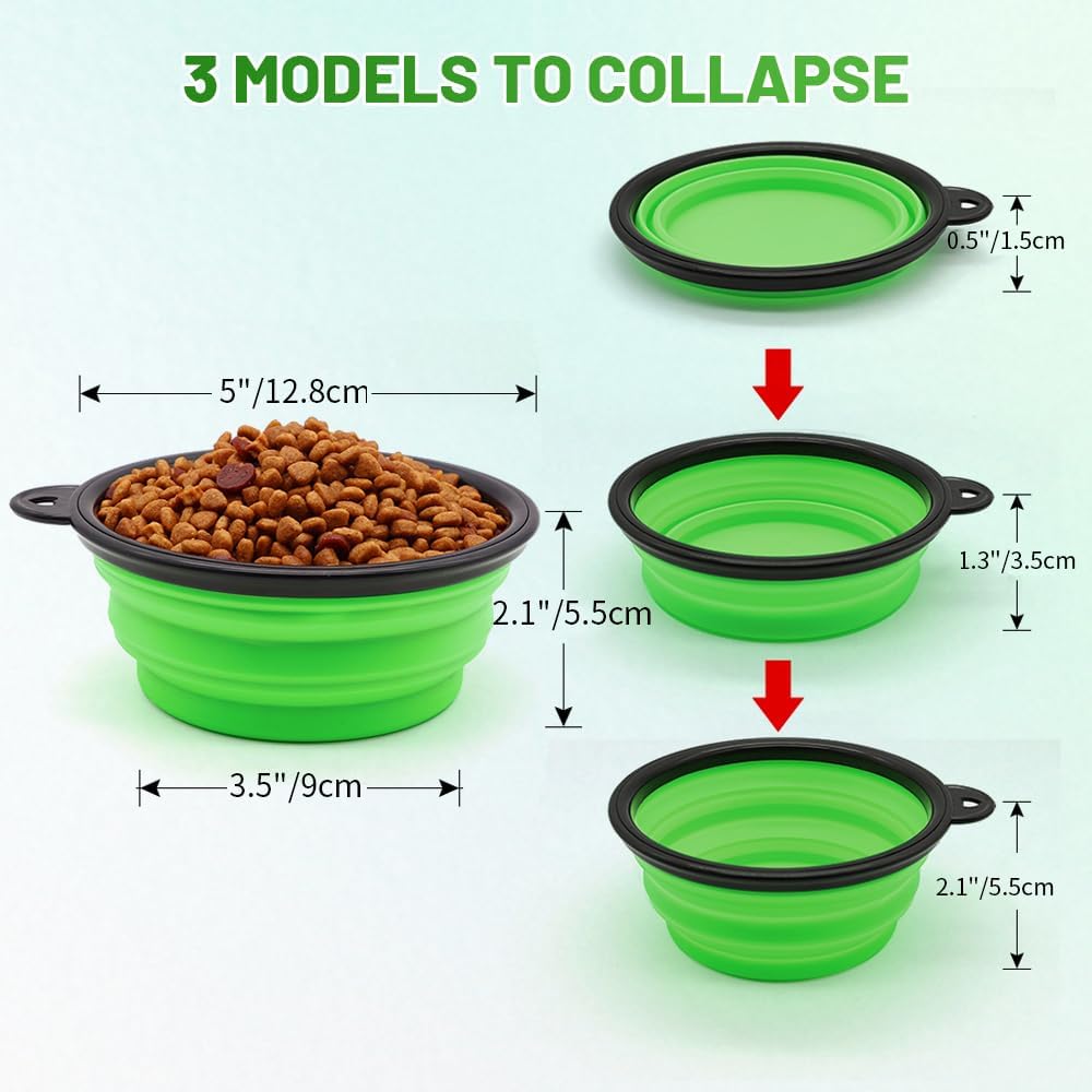 Dog bowl pet collapsible bowls, 2 pack for cats dogs, portable pet feeding watering dish for walking parking traveling with 2 carabiners (small, blue+green) - view 3