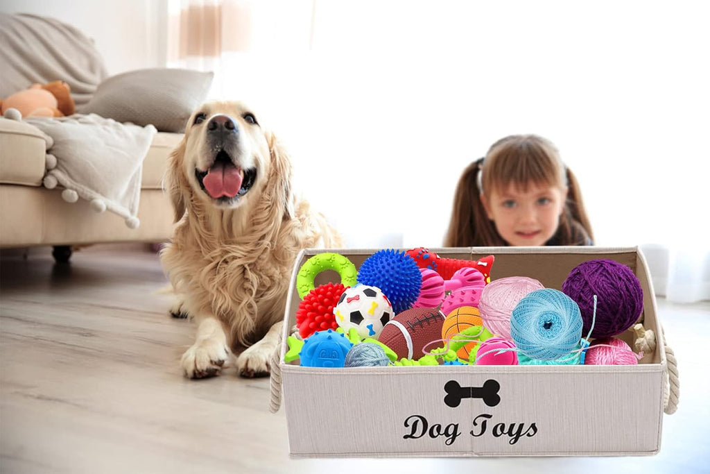 Large Dog Toys Storage Bins-Foldable Fabric Trapezoid Organizer Boxes with Weave Rope Handle,Collapsible Basket for Shelves,Dog Apparel(Beige-Dog) - view 5