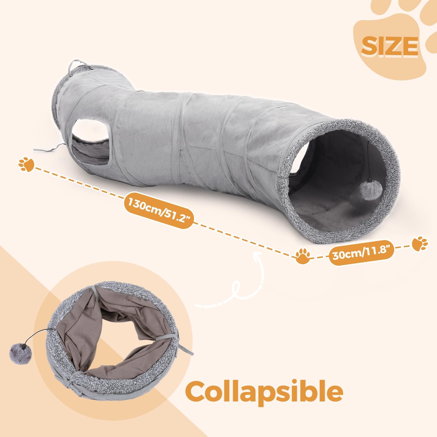 Cat Tunnel S Shape Cat Tunnels for Large & Indoor Cats 51”Long | Durable, Spacious 10.5" Cat Tube with Peepholes & Dangling Ball Toy, Connected to Play Tunnels, Collapsible for easy storage - view 2