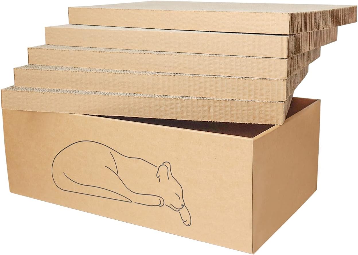 5 packs in 1 cat scratch pad with box for indoor cats, larger-sized durable recyclable and reversible cardboard cat scratching pad for rest and play