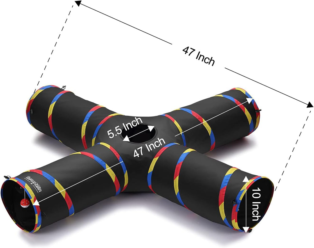 4 Way Large Cat Tunnels for Indoor Cats - 10" Diameter & 47" Long Play Tunnel Toy - Cat Tube with Play Ball & Mouse Toy - Interactive Peephole (Black) - view 2