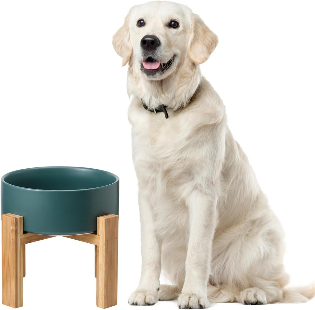 Raised ceramic large dog bowl - heavy weighted dog dish with bamboo stand - elevated for comfortable feeding - 8.3" W x 8" H - 4.5 cups (68 fl oz) - green