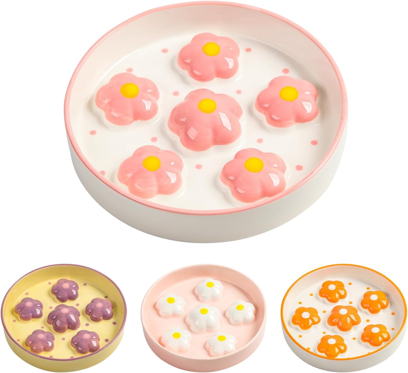 Ceramic slow feeder cat bowl, 6.3" whisker friendly anti-vomit, blush | shallow cat puzzle feeder, slow eating 3x, dry & wet food, cute flower-shaped maze, microwave & dishwasher safe, 6.3" X 1.2"