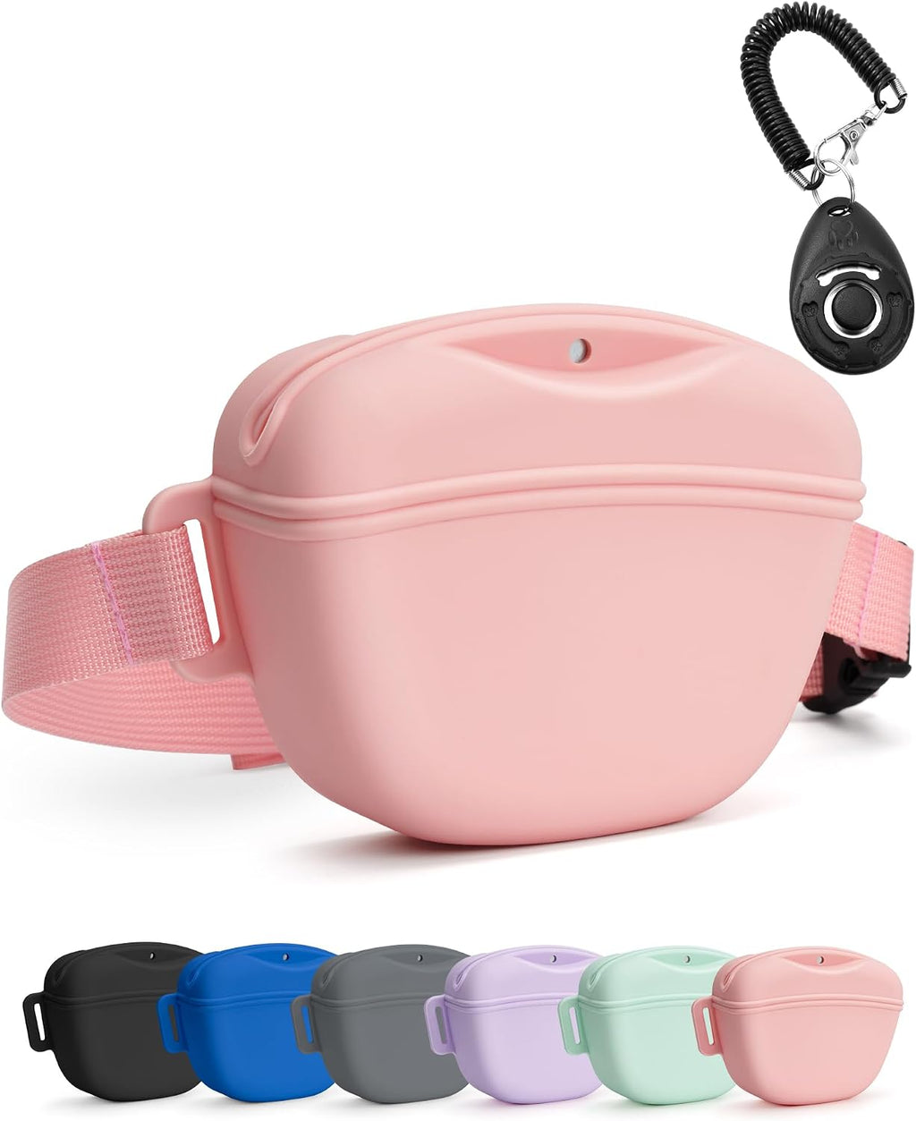 1.67 cup dog treat pouch with training clicker (pink) | magnetic closure, silicone bag with waist belt for pet training & walking, easy one-hand treat access