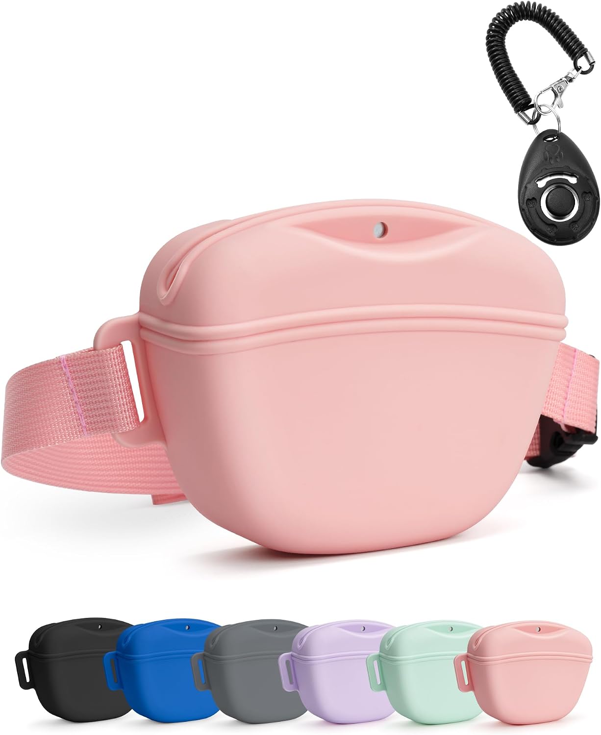 1.67 cup dog treat pouch with training clicker (pink) | magnetic closure, silicone bag with waist belt for pet training & walking, easy one-hand treat access