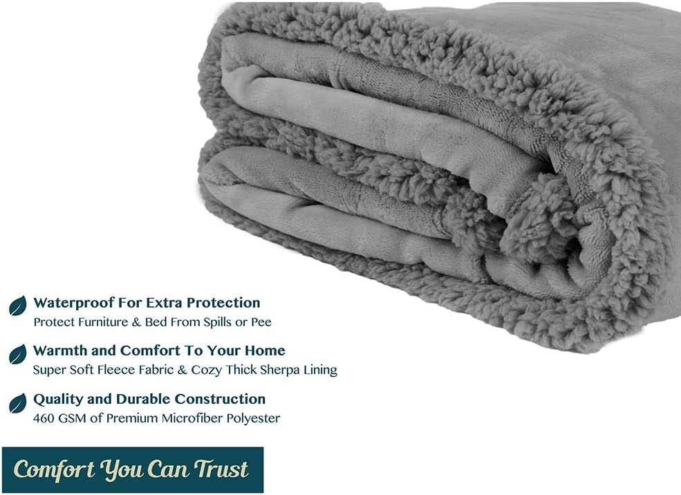Waterproof Blanket for Couch, Sofa | Waterproof Dog Blanket for Large Dog, Puppy, Cat | Pet Blanket Protector | Plush Soft Warm Fuzzy Sherpa Blanket Bed Throw, Light Grey, 60x80 - view 5
