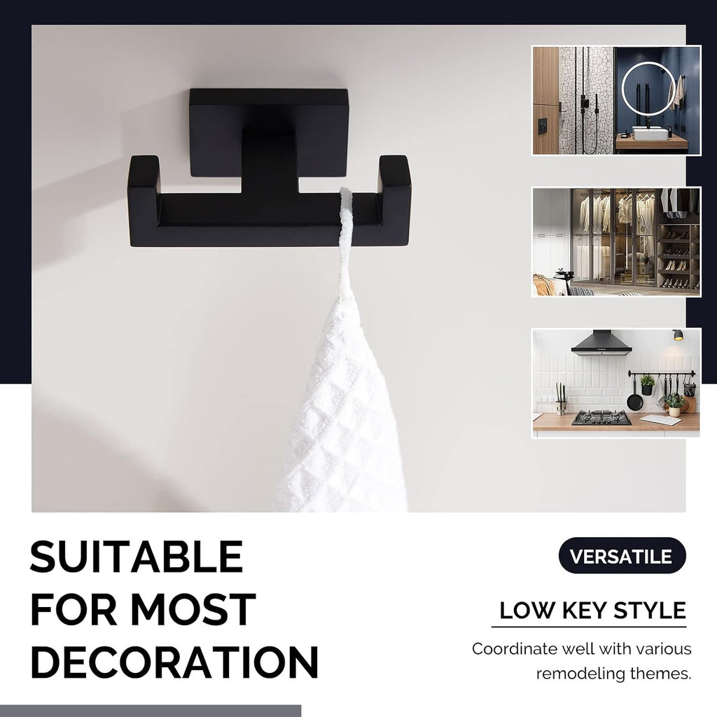 Angle Simple Double Towel Hook Matte Black, Bathroom Coat Robe Holder | SUS304 Stainless Steel Wall Hook, Bath Towel Holder Organizer for Robes Bags Loofahs, Screw Wall Mount - view 7