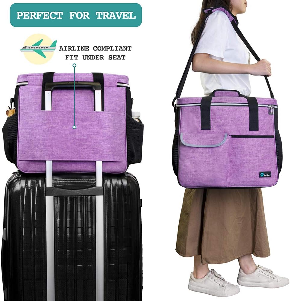 Dog Travel Bag Organizer, Pet Travel Kit with 2 Food Containers & 2 Collapsible Dog Bowls, Pet Supplies Tote with Luggage Sleeve, Weekend Road Trip Camping Essentials, Purple, Large - view 5