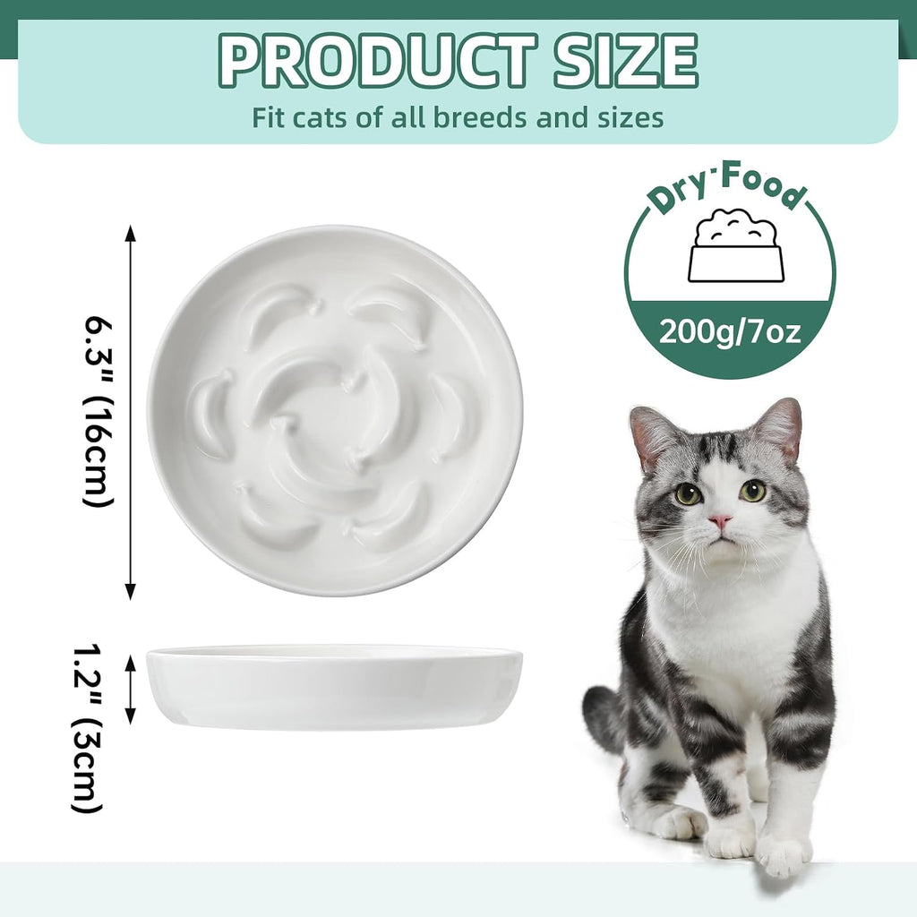 2 pcs ceramic cat slow feeder bowl set, 6.3" wide, slow eating 5X | whisker friendly shallow slow feeding cat dishes, anti-vomit, for dry and wet food, microwave and dishwasher safe, white blue - view 2