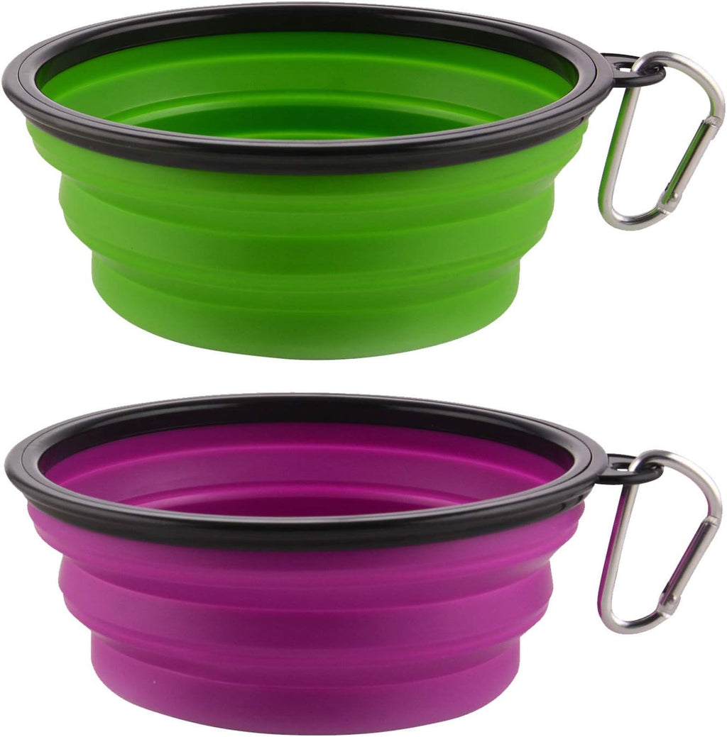 Large collapsible dog bowls, 34oz portable foldable travel water bowl food dishes with carabiner clip for traveling, hiking, walking, 2 pack (purple+green)