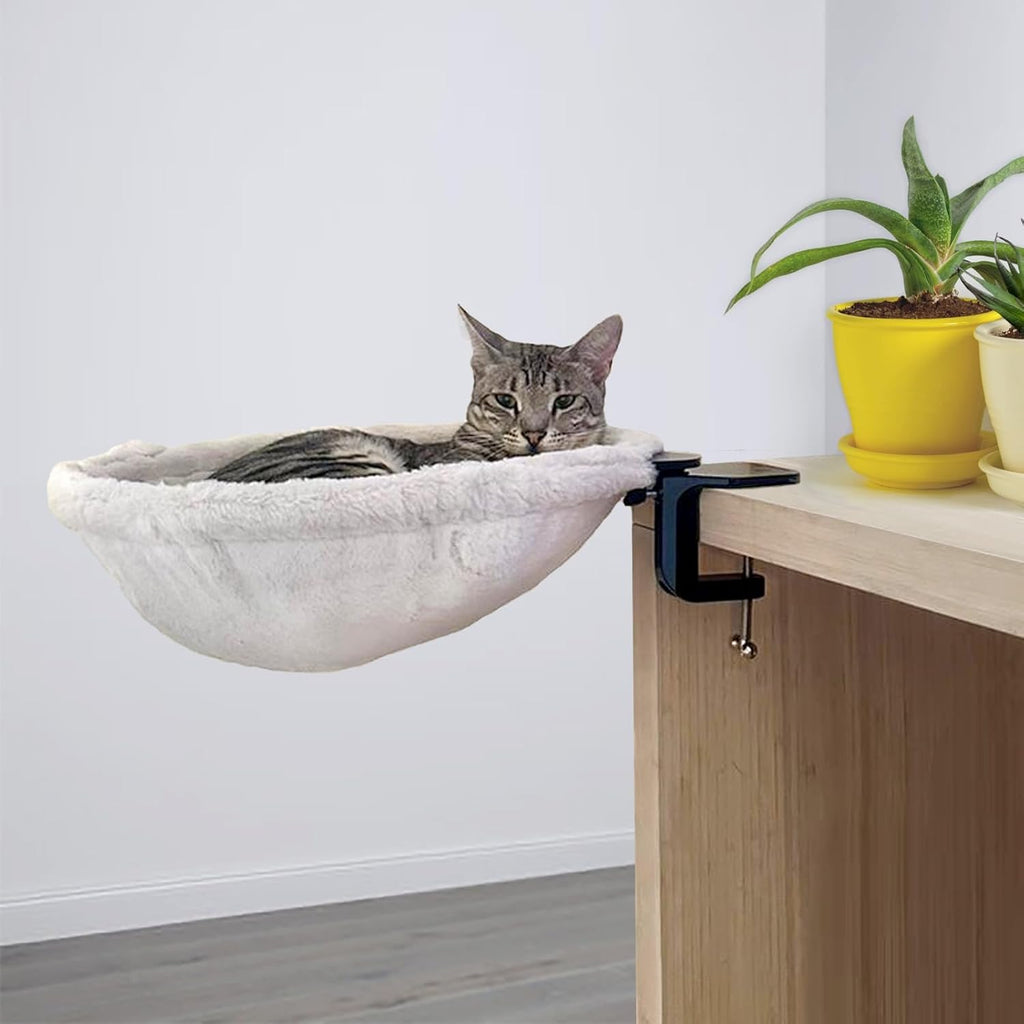 XL Desk Hammock for Cats | Adjustable Clamp On Cat Bed | Soft Faux Fur Elevated Cat Perch with Steel Frame | Space Saving Under Desk Lounge | Supports Cats Up to 70 lbs - view 8