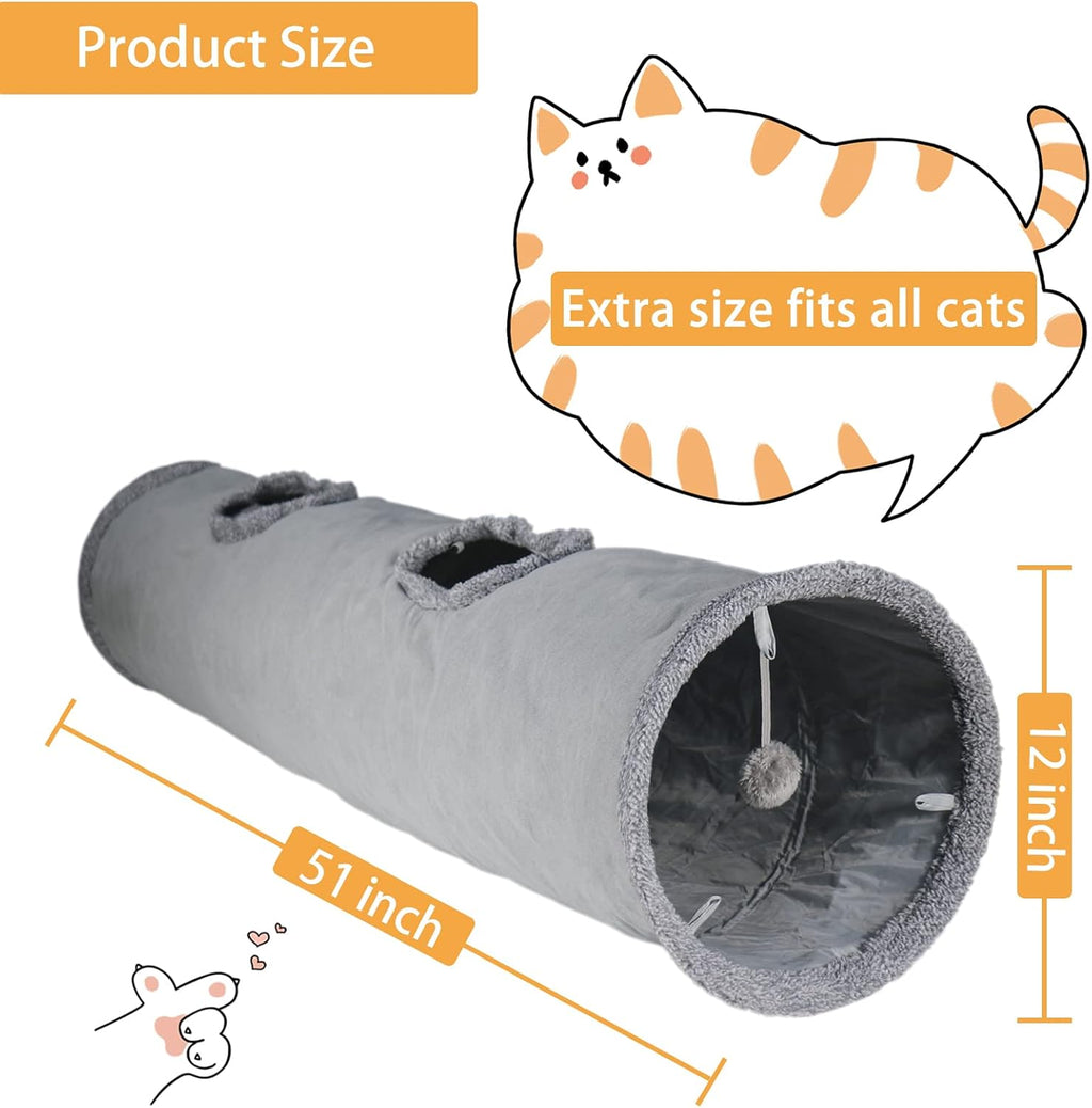 Cat tunnel for indoor cats, 51×12 inch foldable big cat tunnel, grey suede pet tunnels with two peepholes and a bubble ball - view 4