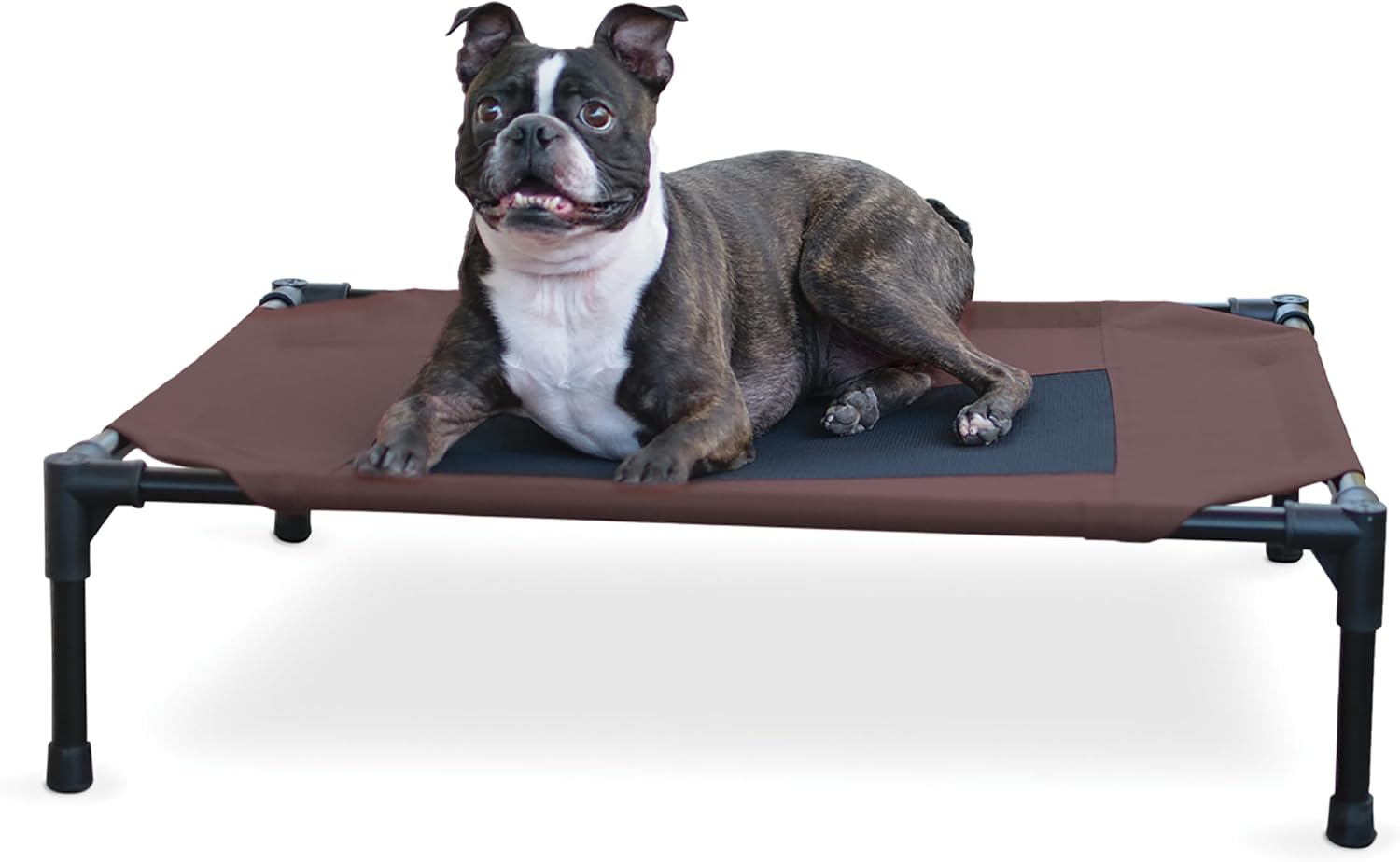 Outdoor elevated dog bed - cooling raised dog bed for small & medium pets, breathable mesh center hammock design, indoor/outdoor washable cover, portable metal frame, chocolate, medium 32x25in