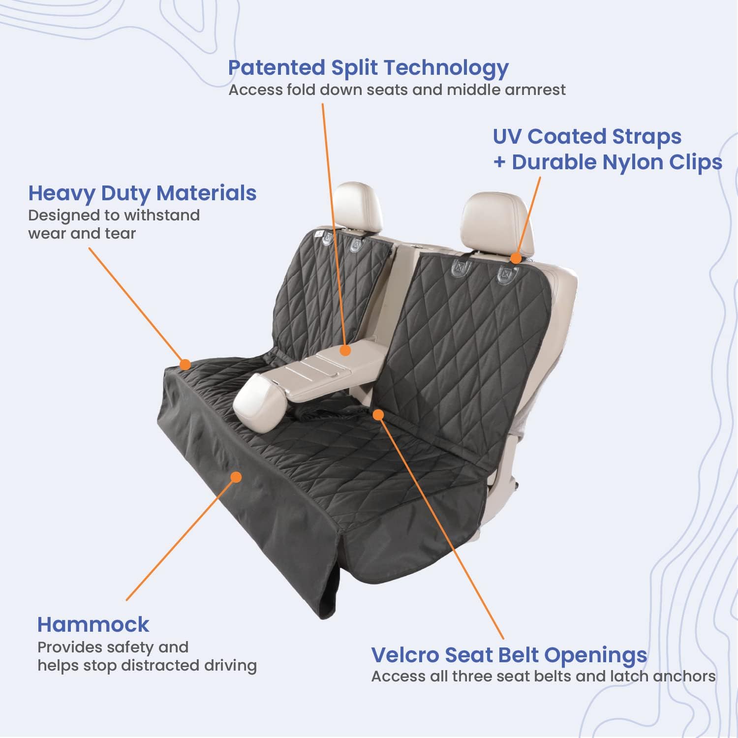 Dog Rear Seat Cover for Fold Down Seats - Hammock, Black Regular | Heavy-duty split design fits 60/40 and 50/50 fold-down seats. K9-Shield waterproof protection and a non-slip backing. - view 5