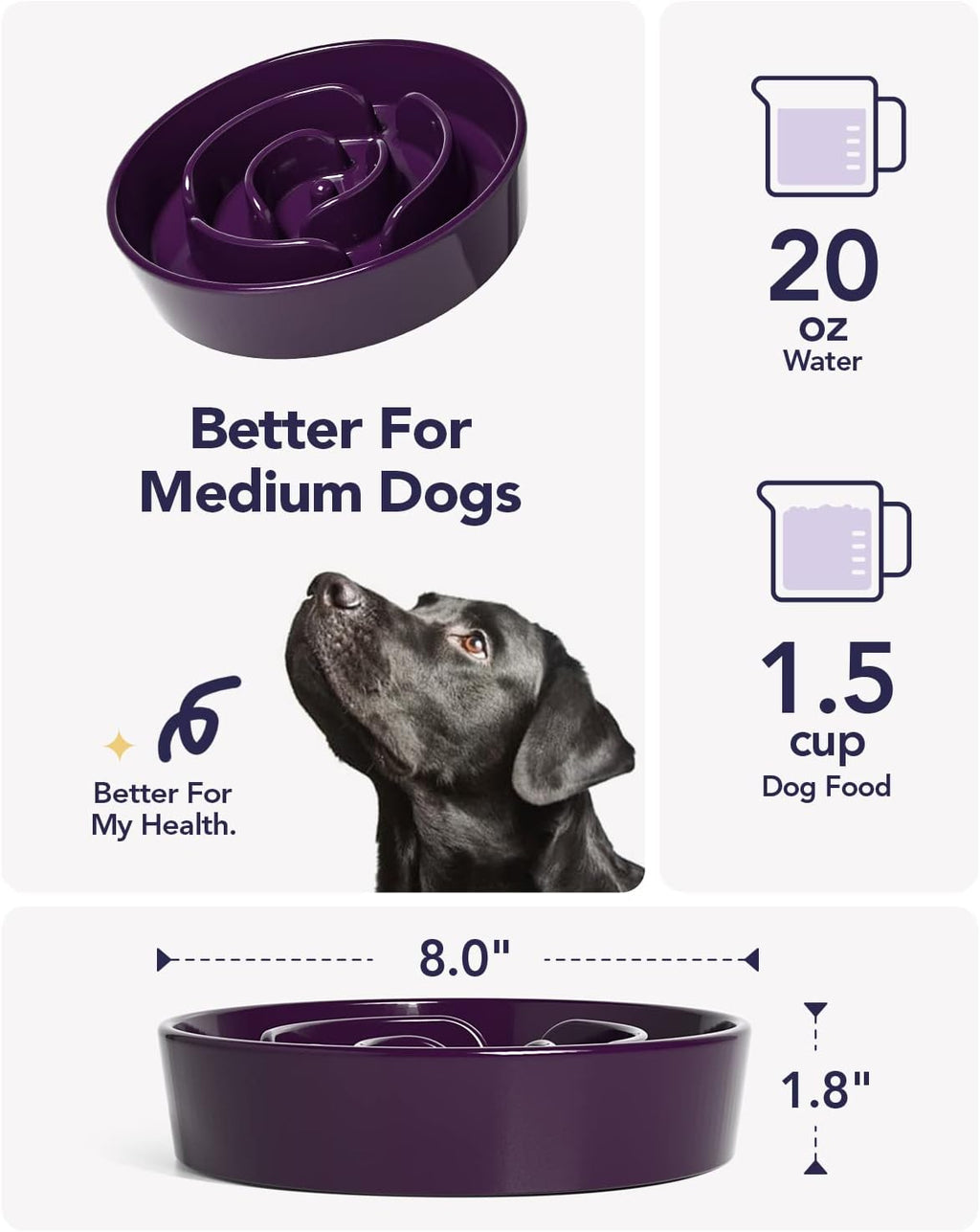 Dog Bowls Slow Feeder Ceramic, 1.5 Cup Slow Feeding Bowl for Small and Medium Breed, Puzzle Dog Food Bowl for Fast Eater, Maze Purple - view 3