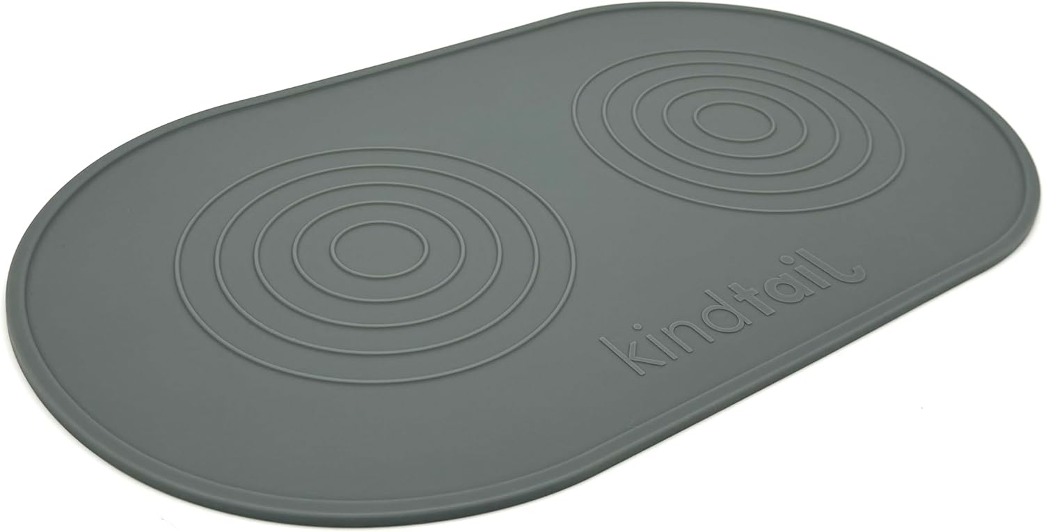 Dog & Cat Food Mat - Waterproof, Food-Grade Silicone Pet Placemat for Feeding & Water Bowls - Raised Edges Protect Floors - Non-Slip Grip - Dishwasher Safe - 19 x 11 Inches, Grey