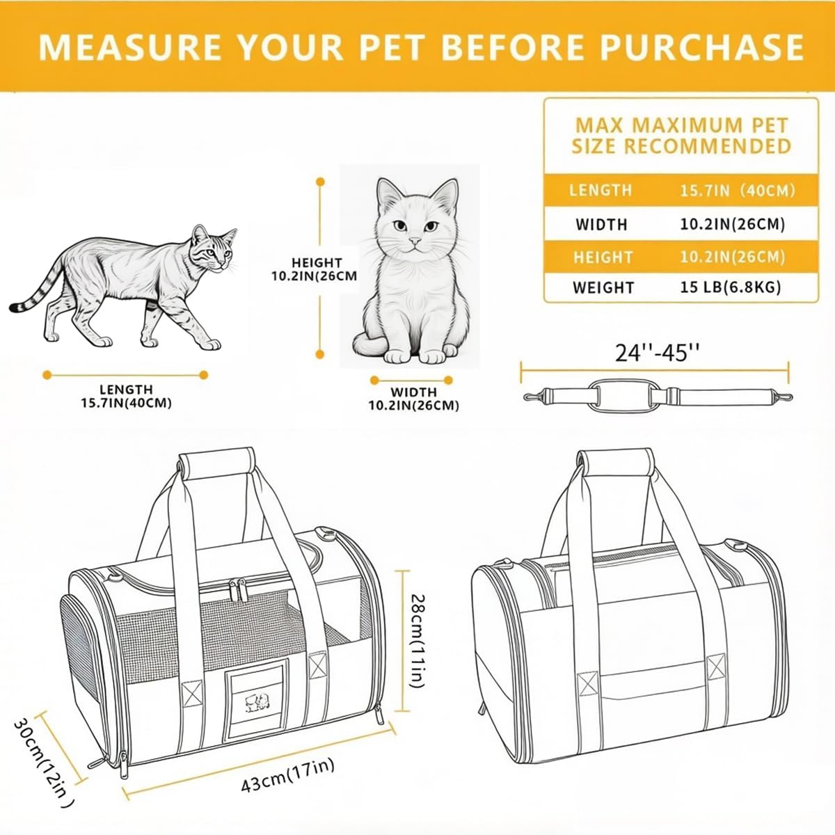 Cat carrier pet dog carrier airline approved for puppy cat carrier under 15 lbs, collapsible soft sided airline approved cat carriers, grey - view 2