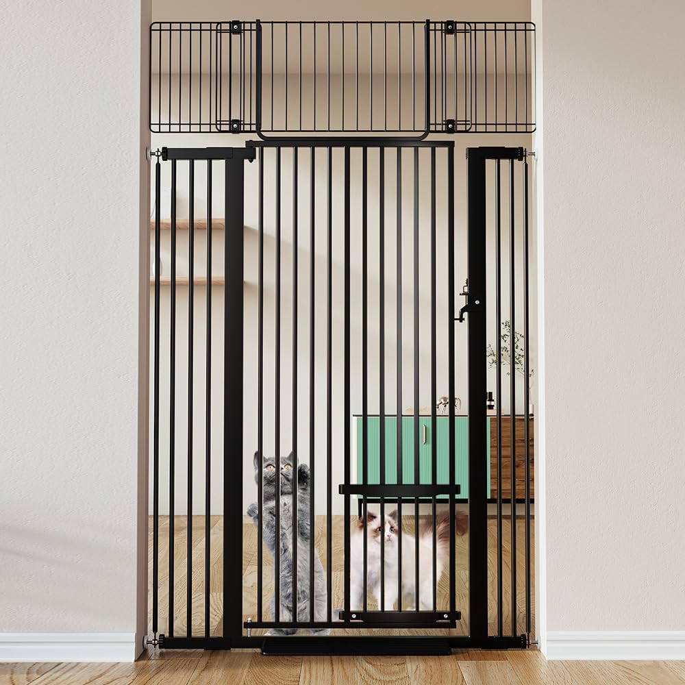 71" Extra Tall Pet Gate, 29.5-40.6" Wide with Adjustable Cat Door | Pressure Mounted Easy Walk Through Gate with Door for Stairs, Doorways, Kitchen (White)