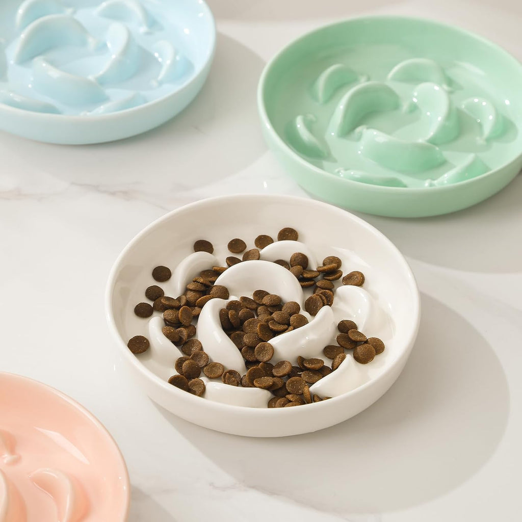 2 pcs ceramic cat slow feeder bowl set, 6.3" wide, slow eating 5X | whisker friendly shallow slow feeding cat dishes, anti-vomit, for dry and wet food, microwave and dishwasher safe, white blue - view 6