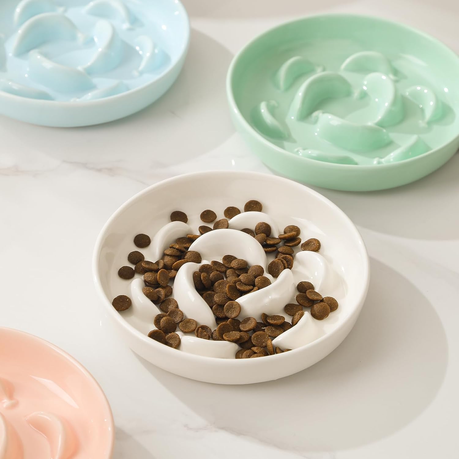 2 pcs ceramic cat slow feeder bowl set, 6.3" wide, slow eating 5X | whisker friendly shallow slow feeding cat dishes, anti-vomit, for dry and wet food, microwave and dishwasher safe, white blue - view 6
