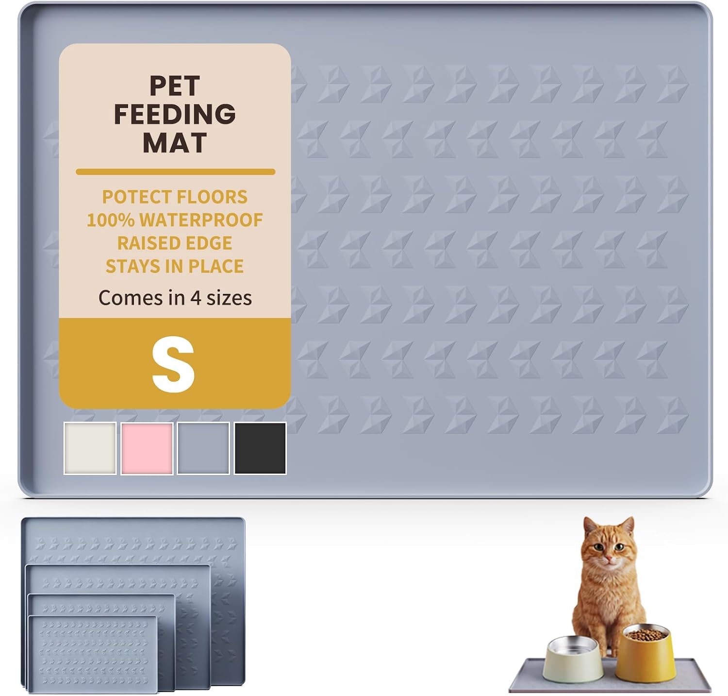 Waterproof Silicone Pet Feeding Mat, Dog Cat Food Water Bowl, Raised Edge | 18.5x11.5 Non-Slip Pet Placemat Tray with Lip Prevents Spills & Protects Floors, Food-Grade, BPA Free, Easy Clean, Grey