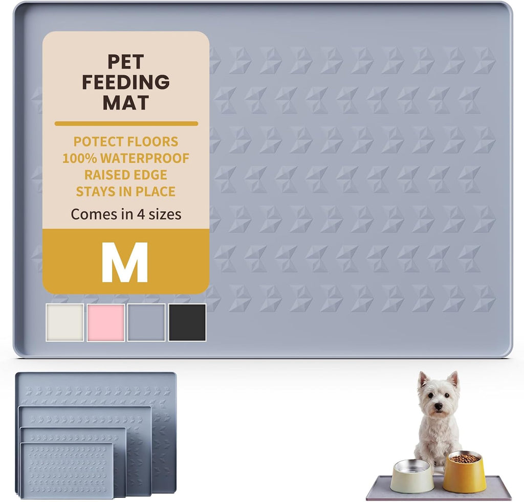 Waterproof Silicone Pet Feeding Mat, Dog Cat Food Water Bowl, Raised Edge | 18.5x11.5 Non-Slip Pet Placemat Tray with Lip Prevents Spills & Protects Floors, Food-Grade, BPA Free, Easy Clean, Grey - view 3