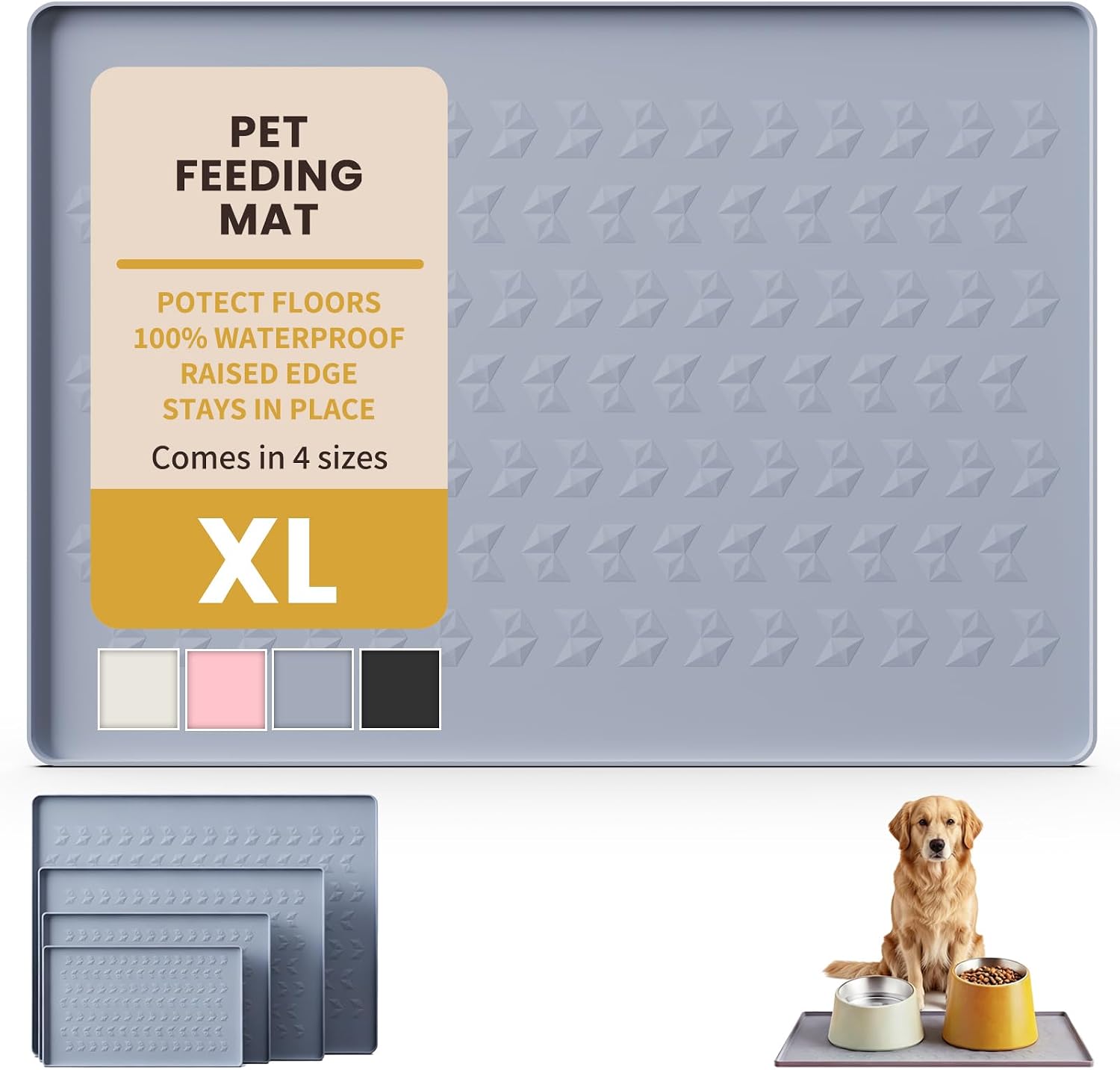 Waterproof Silicone Pet Feeding Mat, Dog Cat Food Water Bowl, Raised Edge | 18.5x11.5 Non-Slip Pet Placemat Tray with Lip Prevents Spills & Protects Floors, Food-Grade, BPA Free, Easy Clean, Grey - view 2