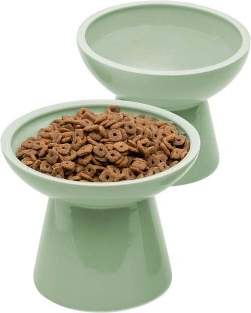 2-Pack Elevated Ceramic Cat Bowls Extra Wide for Food & Water | Anti Vomiting, Whisker Friendly, Shallow Food Dish and Deep Water Bowl, Lead&Cadmium-Free, Raised Height for Cats, Sage Green