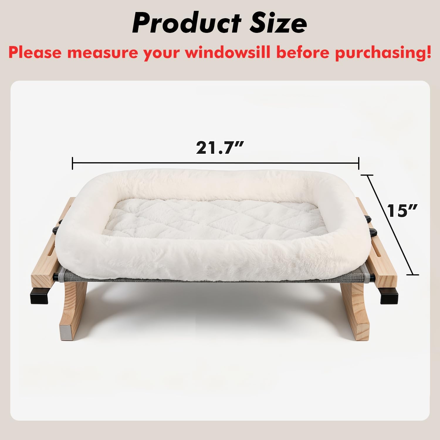 Cat Sill Window Perch Sturdy Hammock Window Seat with Cushion Bed Cover, Wood & Metal Frame for Large Cats, Easy to Adjust Cat Bed for Windowsill, Bedside, Drawer and Cabinet(Cushion Bed) - view 3