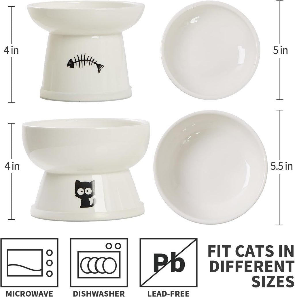 Raised cat food and water bowl set, whisker friendly elevated ceramic cats feeder bowls with anti slip ring, anti-vomiting shallow high porcelain pet kitten dish, dishwasher safe (white) - view 4