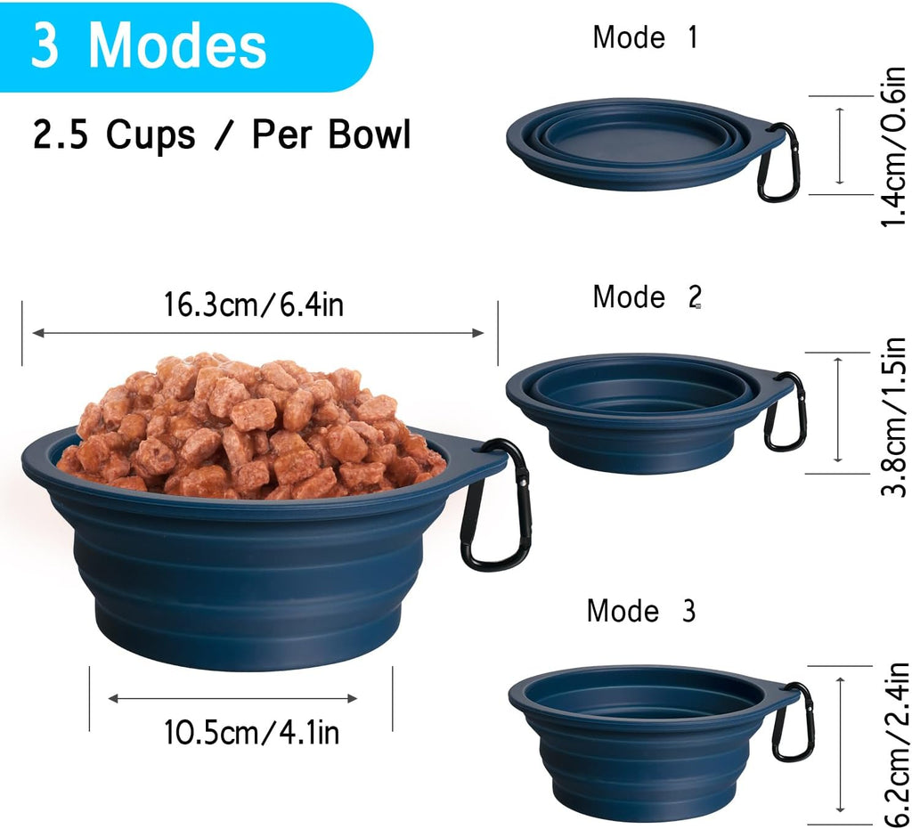 2-Pack Silicone Collapsible Dog Bowls, BPA Free Dishwasher Safe, Portable Foldable Expandable Travel Bowl, Food Water Feeding Cup Dish for Dogs Cats with 2 Carabiners (Army Green, Navy Blue) | 20 Oz, Silicone, Foldable Expandable Cat Feeding Cup Dish, 2 C - view 3