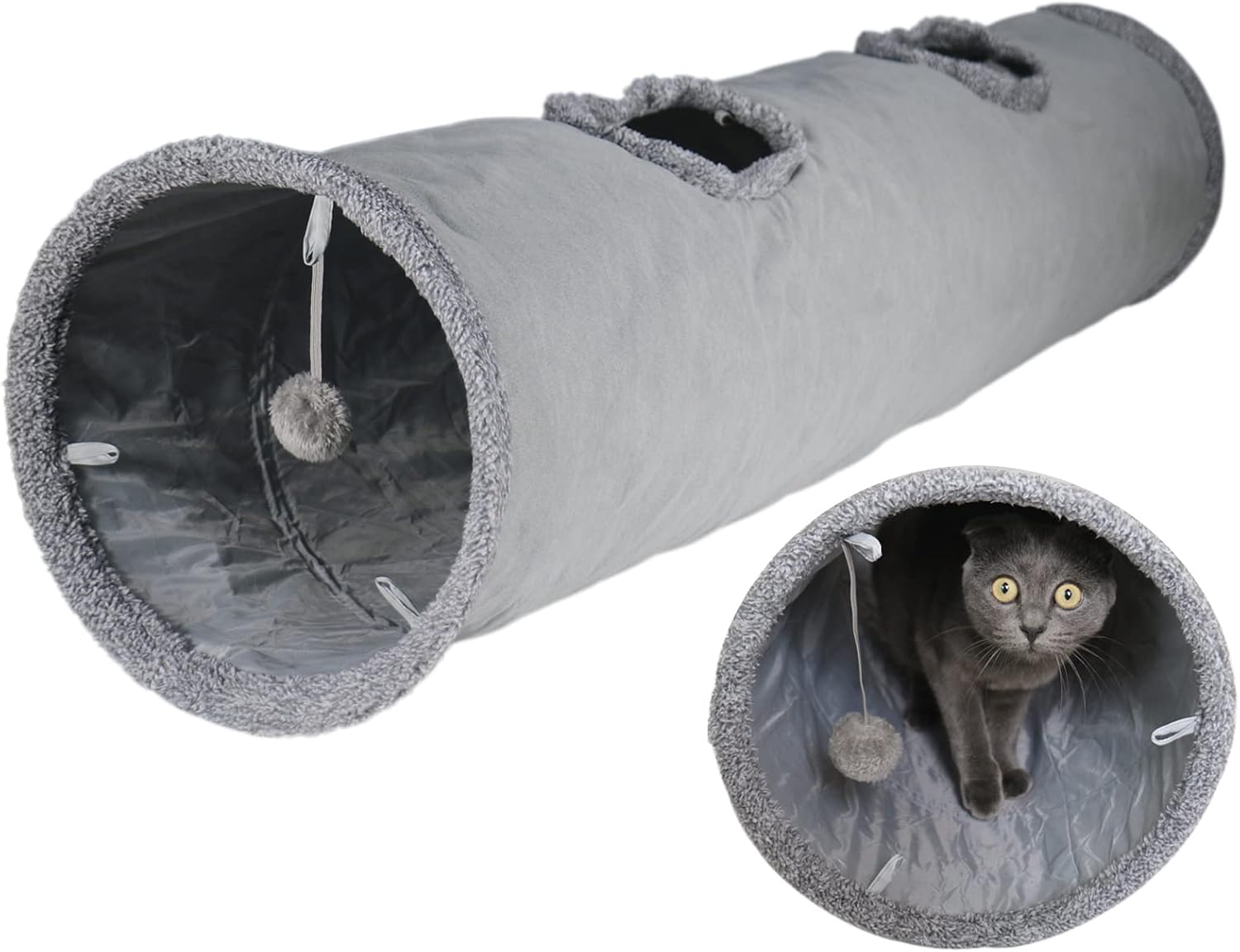 Cat tunnel for indoor cats, 51×12 inch foldable big cat tunnel, grey suede pet tunnels with two peepholes and a bubble ball