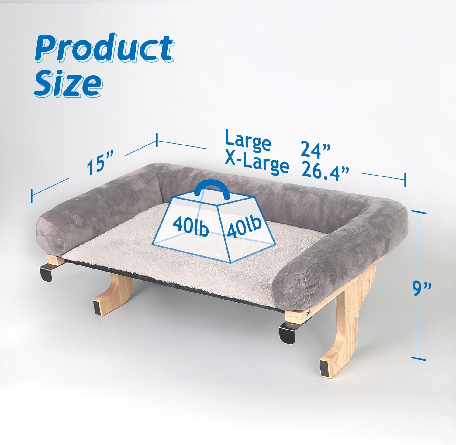 Cat Perch for Window Sill with Bolster - Orthopedic Hammock Design with Premium Hardwood & Robust Metal Frame - Cat Window Seat for Large Cats and Kittens - Natural Color Wood Gray Bed, 24''W - view 7