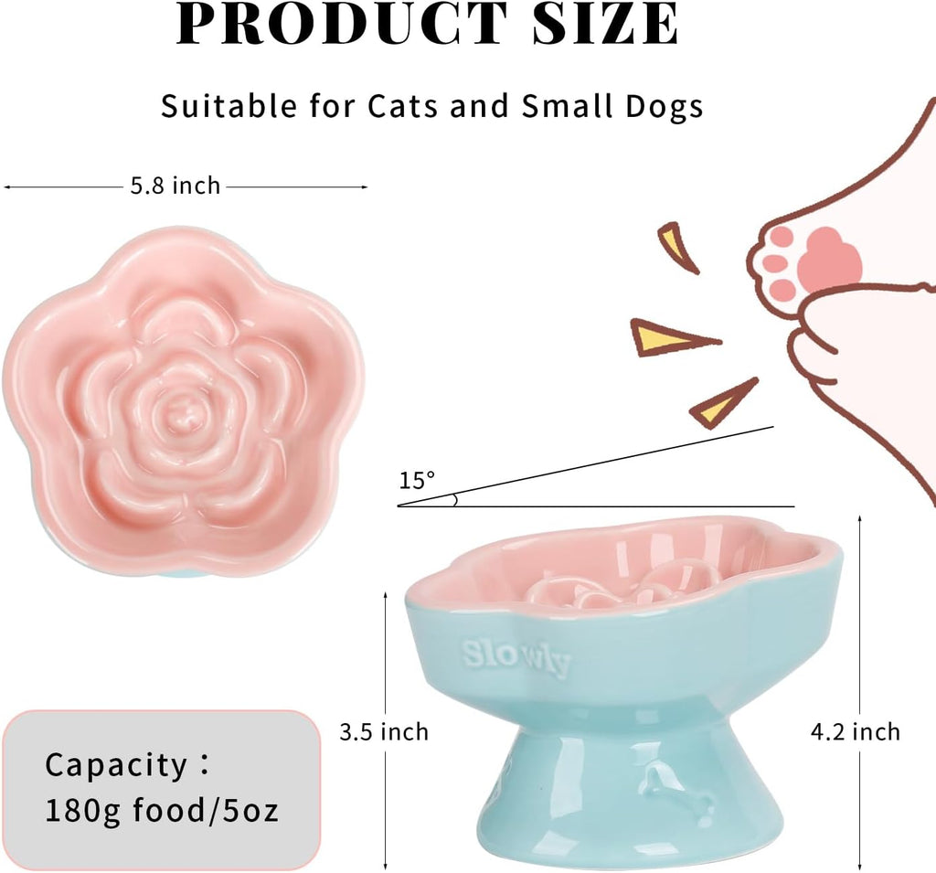 Raised Slow Feeder Cat Bowl, Ceramic Elevated and Titled Glass Food Bowl Small Dogs Slow Feeder, Flower Shaped Cute Cat Dish for Dry and Wet Food (Pink, 5.8") - view 2