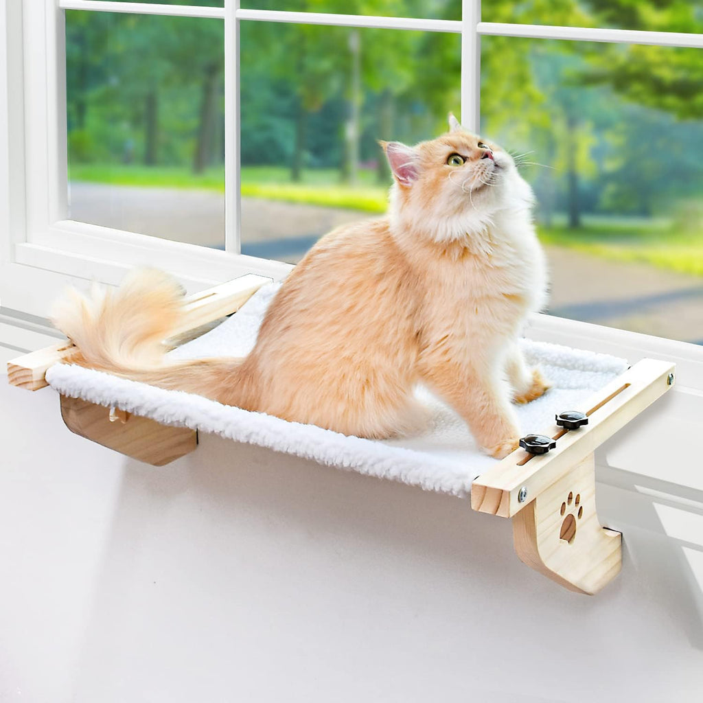 Cat Windowsill Perch with Wood & Metal Frame for Large Cat, 21.7in | Solid Wood Frame, Easy to Adjust, Washable Berber Fleece Cover, No Suction Cups Cat Window Seat for Windowsill, Bedside