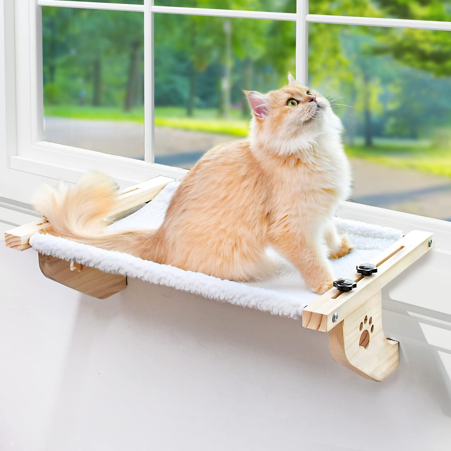 Cat Windowsill Perch with Wood & Metal Frame for Large Cat, 21.7in | Solid Wood Frame, Easy to Adjust, Washable Berber Fleece Cover, No Suction Cups Cat Window Seat for Windowsill, Bedside