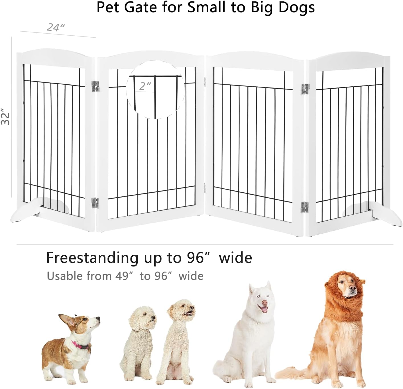 Extra Wide Dog gate for The House, Doorway, Stairs, Dog Fences Indoor, Freestanding Foldable Wooden Pet Gates for Dogs, Set of Support Feet Included, 96 in Wide 30 in Tall, 4 Panels White | Freestanding Wooden Pet Gates for Dog, Dog Fences Indoor, Set of - view 4