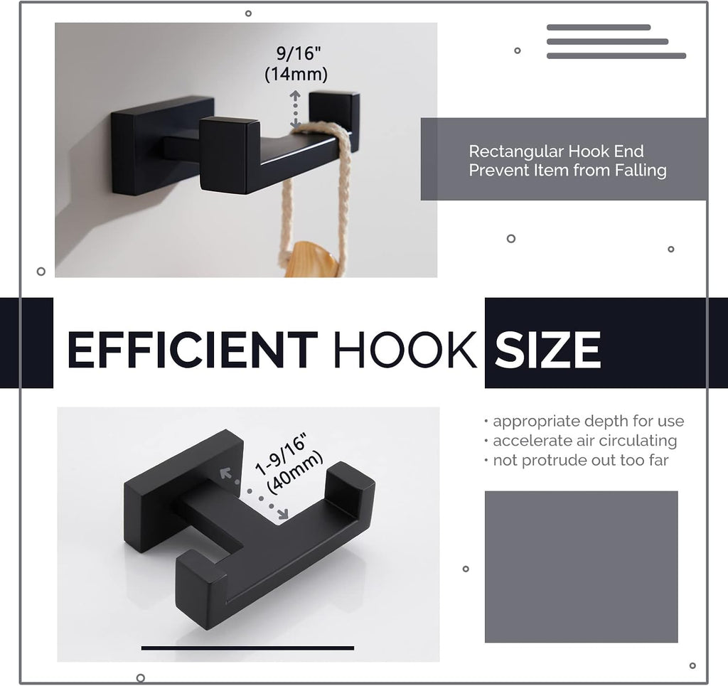 Angle Simple Double Towel Hook Matte Black, Bathroom Coat Robe Holder | SUS304 Stainless Steel Wall Hook, Bath Towel Holder Organizer for Robes Bags Loofahs, Screw Wall Mount - view 6