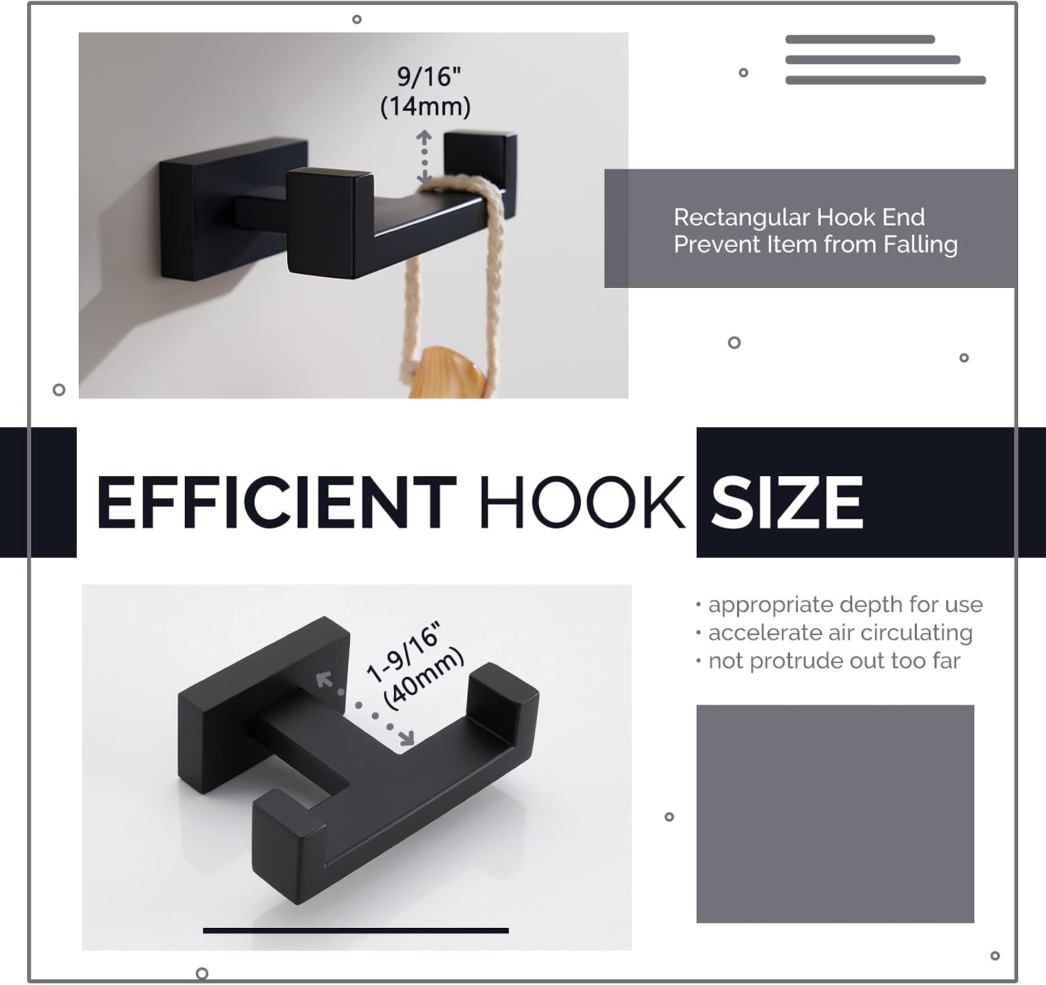 Angle Simple Double Towel Hook Matte Black, Bathroom Coat Robe Holder | SUS304 Stainless Steel Wall Hook, Bath Towel Holder Organizer for Robes Bags Loofahs, Screw Wall Mount - view 6