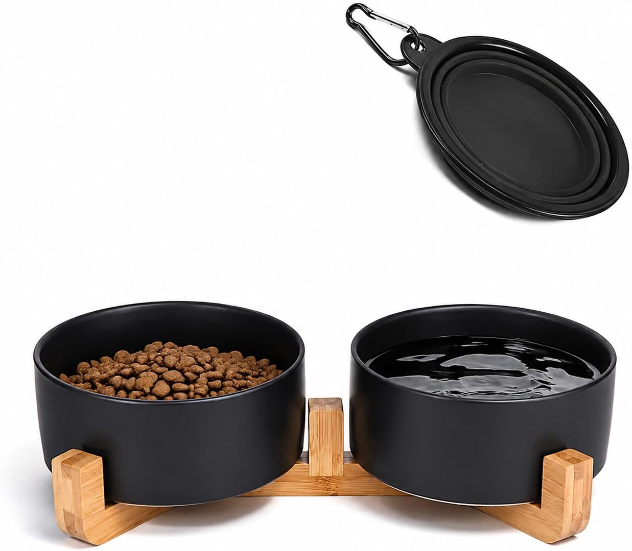 Ceramic Dog Cat Bowls Set with Stand,Black Pet Food and Water Bowl,Small Dog Bowls Cute Modern Anti Slip Set of 2 Pet Feeder Small Size Pet Dish(13.5OZ/5.1 in)