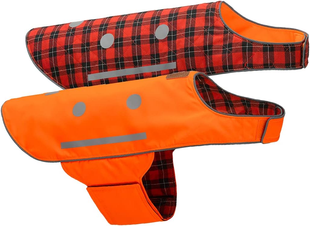 Reflective Dog Vest - Reversible High Visibility Safety Dog Accessories, Fluorescent Dog Apparel for Walking, Hiking & Camping, Hunting (Blaze Orange, Red Plaid, Medium)