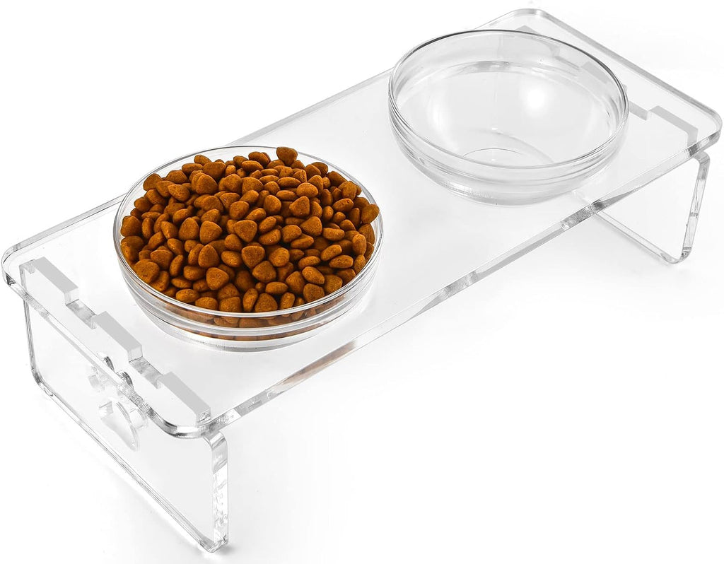 Elevated dog & cat bowls – 3.75" acrylic raised pet feeder stand with 2 stainless steel & 2 glass bowls – food & water dish set for puppy/small dogs & cats
