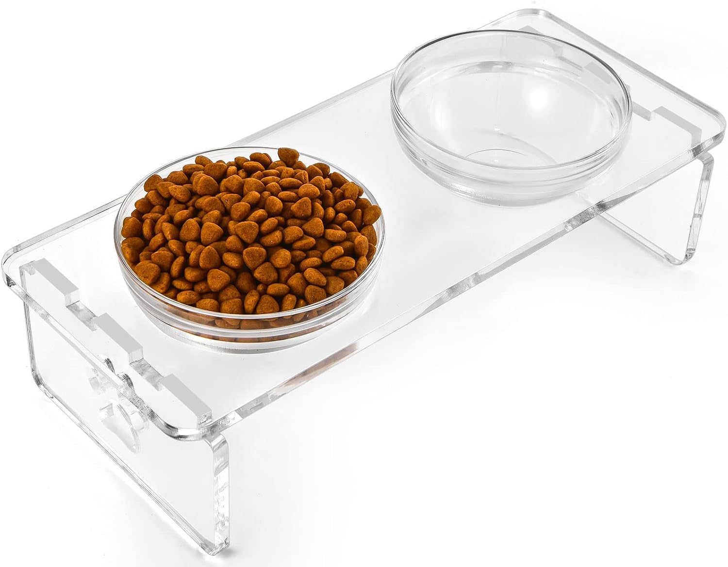 Elevated dog & cat bowls – 3.75" acrylic raised pet feeder stand with 2 stainless steel & 2 glass bowls – food & water dish set for puppy/small dogs & cats