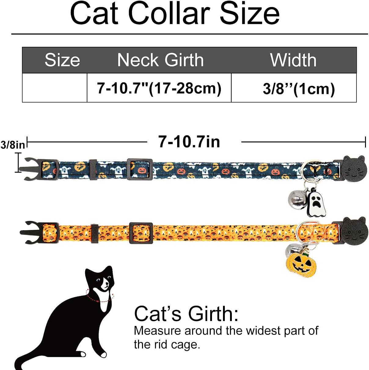 Halloween cat collar, 2 pack breakaway cat collar with bells, pumpkin and ghost charm, Halloween orange+black - view 3