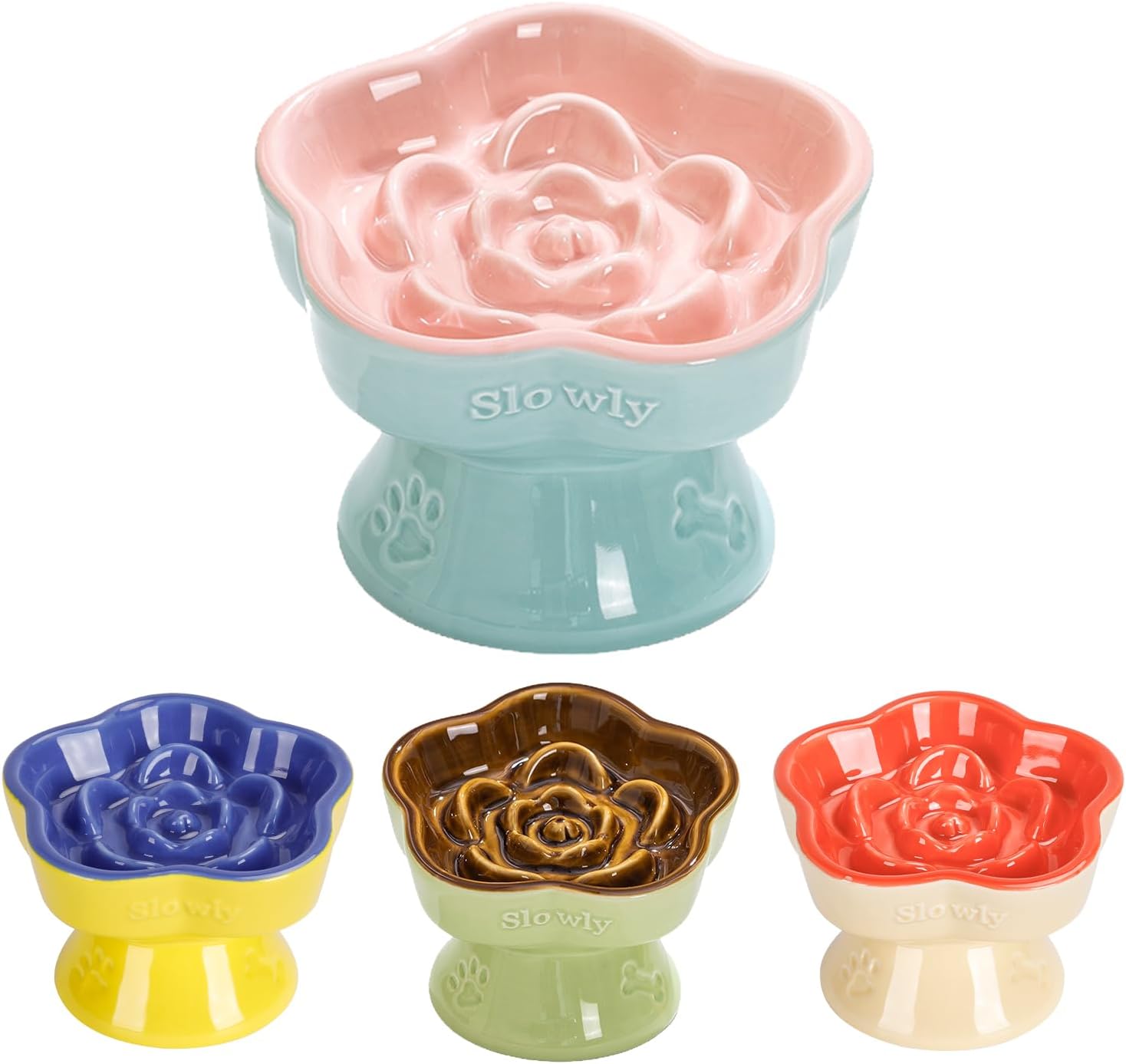 Raised Slow Feeder Cat Bowl, Ceramic Elevated and Titled Glass Food Bowl Small Dogs Slow Feeder, Flower Shaped Cute Cat Dish for Dry and Wet Food (Pink, 5.8")